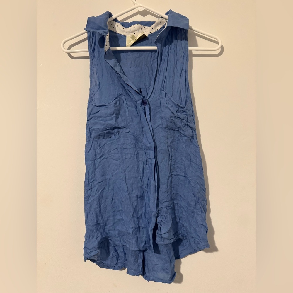 Elevenses Anthropologie Blue Semi-Sheer Sleeveless Button Down Top